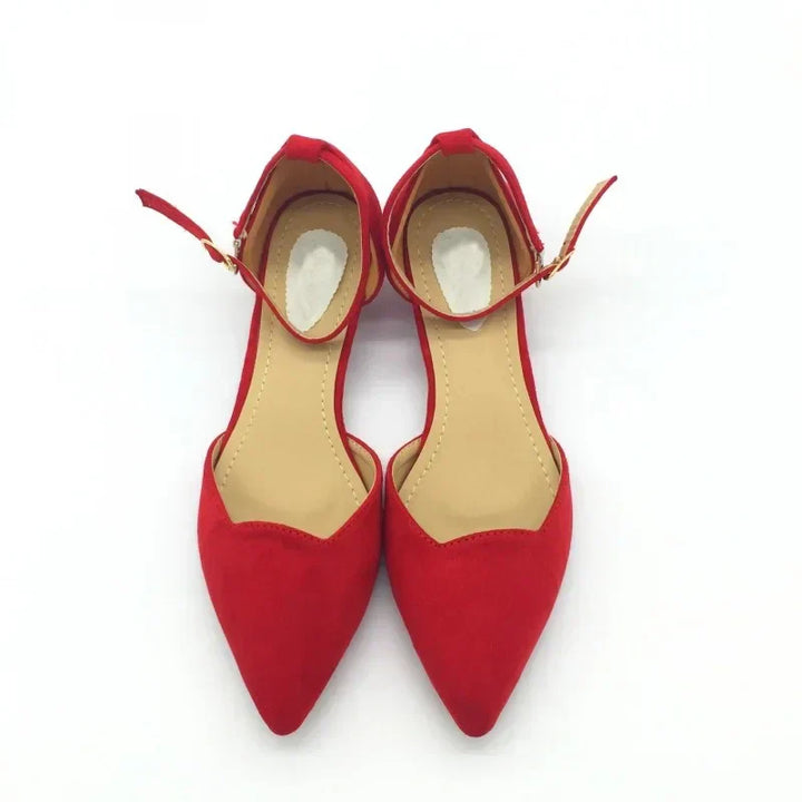 Kalsten | Women's Buckle Straps Low Heels Pumps Pointed Toe Flock D'Orsay Heels Shoes Single Shoe Blue