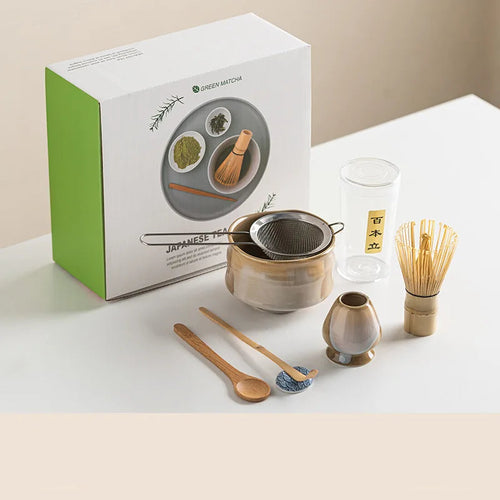 7-Piece Matcha Set Green Size Standard Ceramic - Matcha Bowl and Whisk Set for Traditional Tea Ceremony