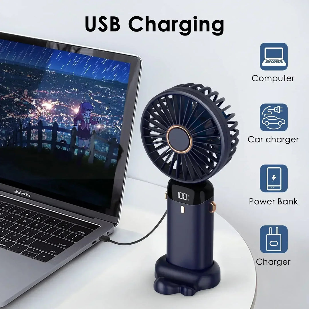 5000mAh Handheld Mini Fan – Wireless USB Rechargeable Portable Fan with Digital Display, Phone Holder, 5-Speed Foldable Neck Hanging Fan | Kalsten