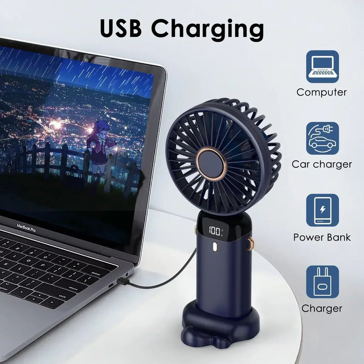 5000mAh Handheld Mini Fan – Wireless USB Rechargeable Portable Fan with Digital Display, Phone Holder, 5-Speed Foldable Neck Hanging Fan | Kalsten