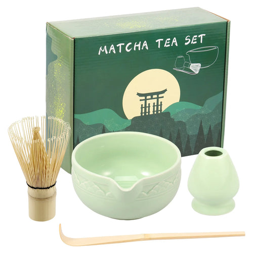 Matcha Set 5-Piece Green Ceramic Bowl Bamboo Whisk Holder Scoop