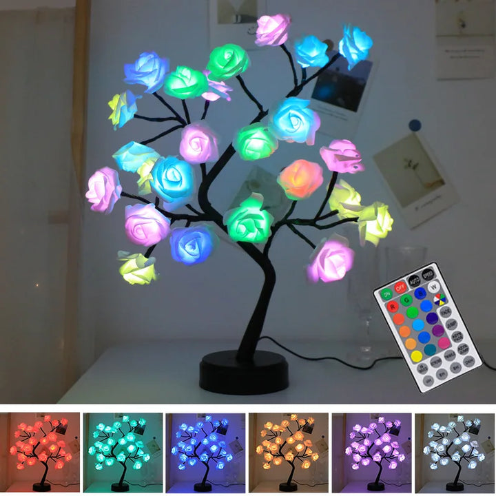 RGB Rose Flower Tree Lights 24LED USB Battery Table Lamp Fairy Night Light Home Party Christmas Wedding Bedroom Decoration Gift | Noxord