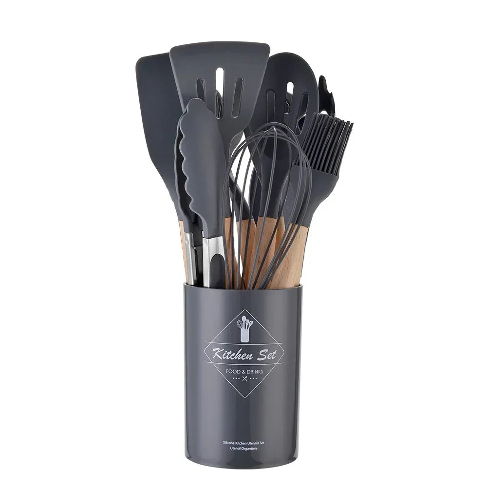 12-piece silicone cooking utensils set with wooden handles | Kalsten