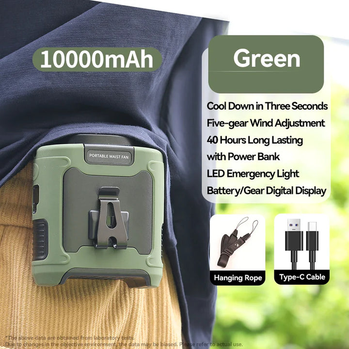 20000mAh Portable Waist Fan – Hanging Neck Fan with Power Bank, Strong Wind, LED Lighting for Sports, Courier, Outdoor Work | Kalsten