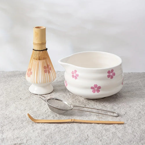 Matcha Set 5-Piece Cherry Blossom Ceramic Standard Size with Whisk for Authentic Tea Preparation