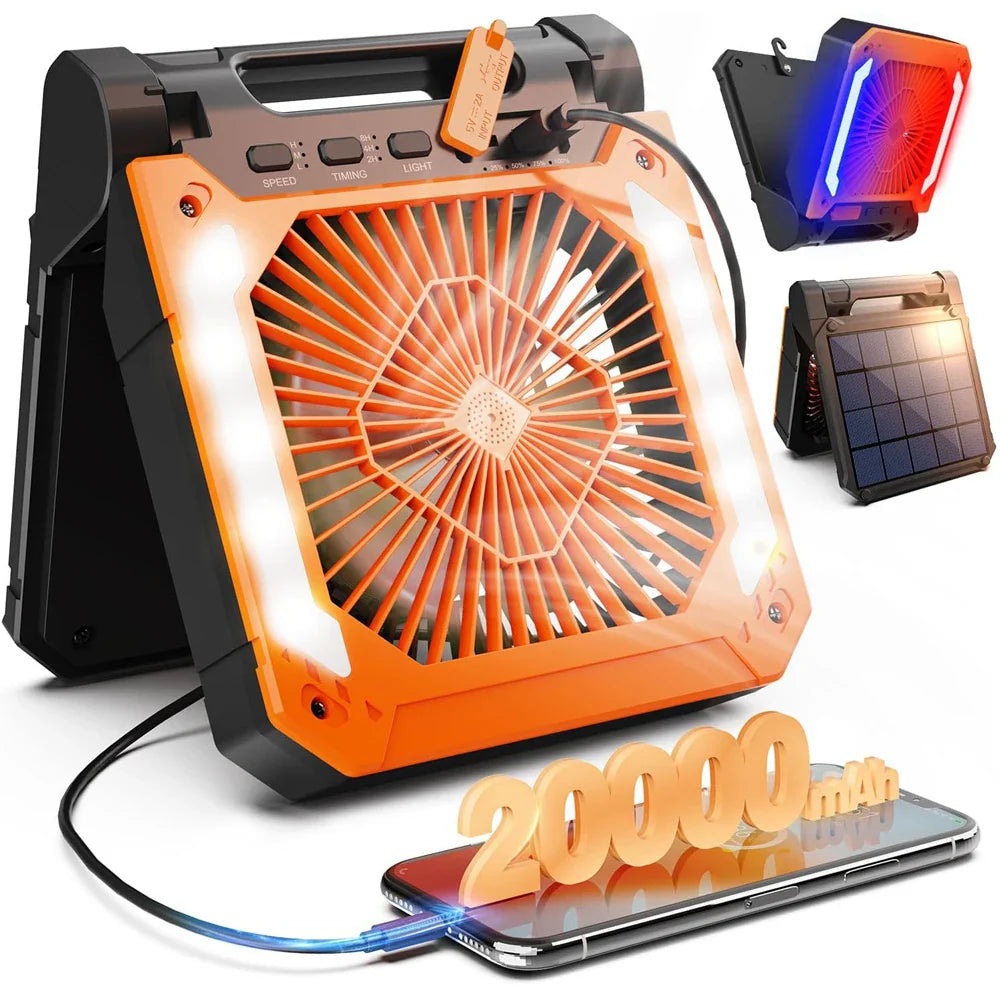 20000mAh Portable Electric Fan with LED Light — USB, Solar & Car Charging for Camping | Kalsten