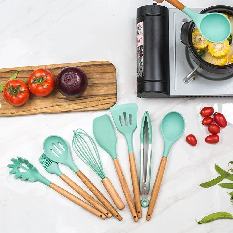 12-piece silicone cooking utensils set with wooden handles | Kalsten