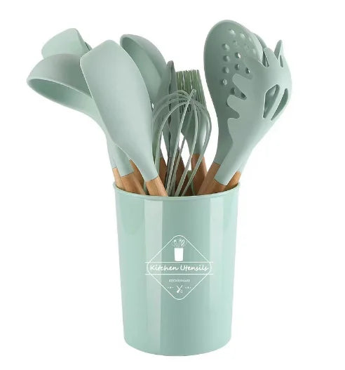 12-piece silicone cooking utensils set with wooden handles | Kalsten