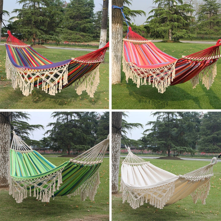 Kalsten | 200x150cm Double Outdoor Camping Fringe Canvas Hammock with Pole (White)