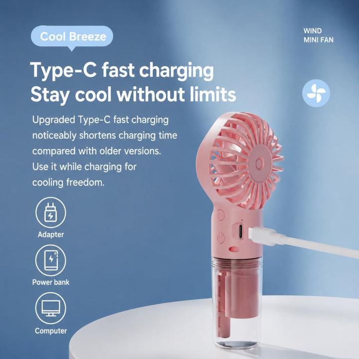 Handheld Misting Fan Portable Water Spray Fan Type-C Rechargeable Mini Personal Face Mister Fan(F3 Pink) | Kalsten