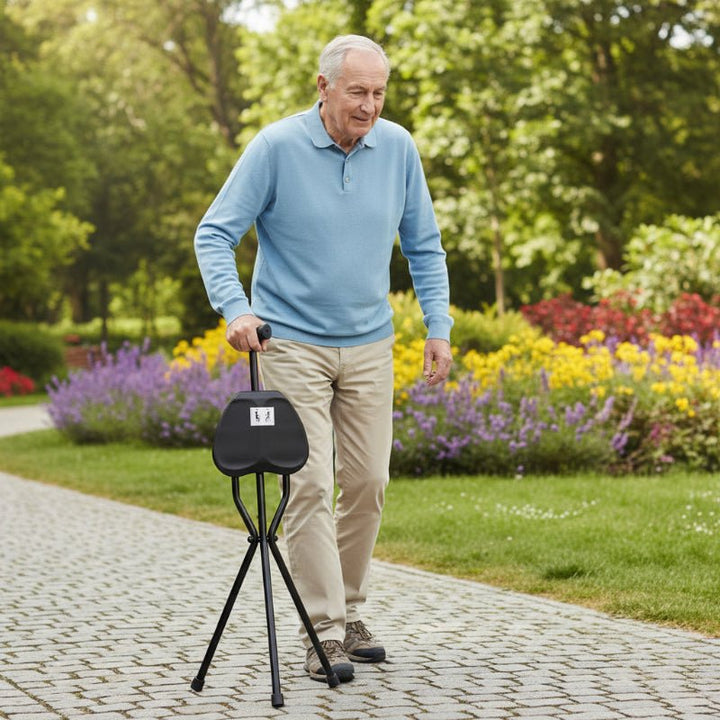 Kalsten | Foldable Walking Stick with Integrated Seat | Lightweight Aluminum Alloy Mobility Aid | 113kg Load Capacity | Non-Slip TPR Ergonomic Handle | 3-Leg Tripod Stability