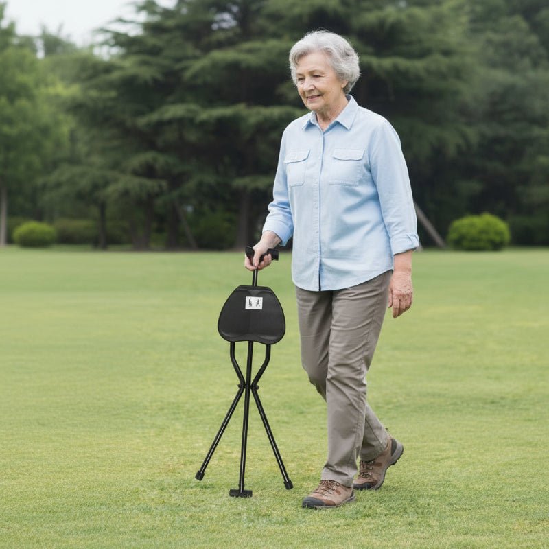 Kalsten | Foldable Walking Stick with Integrated Seat | Lightweight Aluminum Alloy Mobility Aid | 113kg Load Capacity | Non-Slip TPR Ergonomic Handle | 3-Leg Tripod Stability