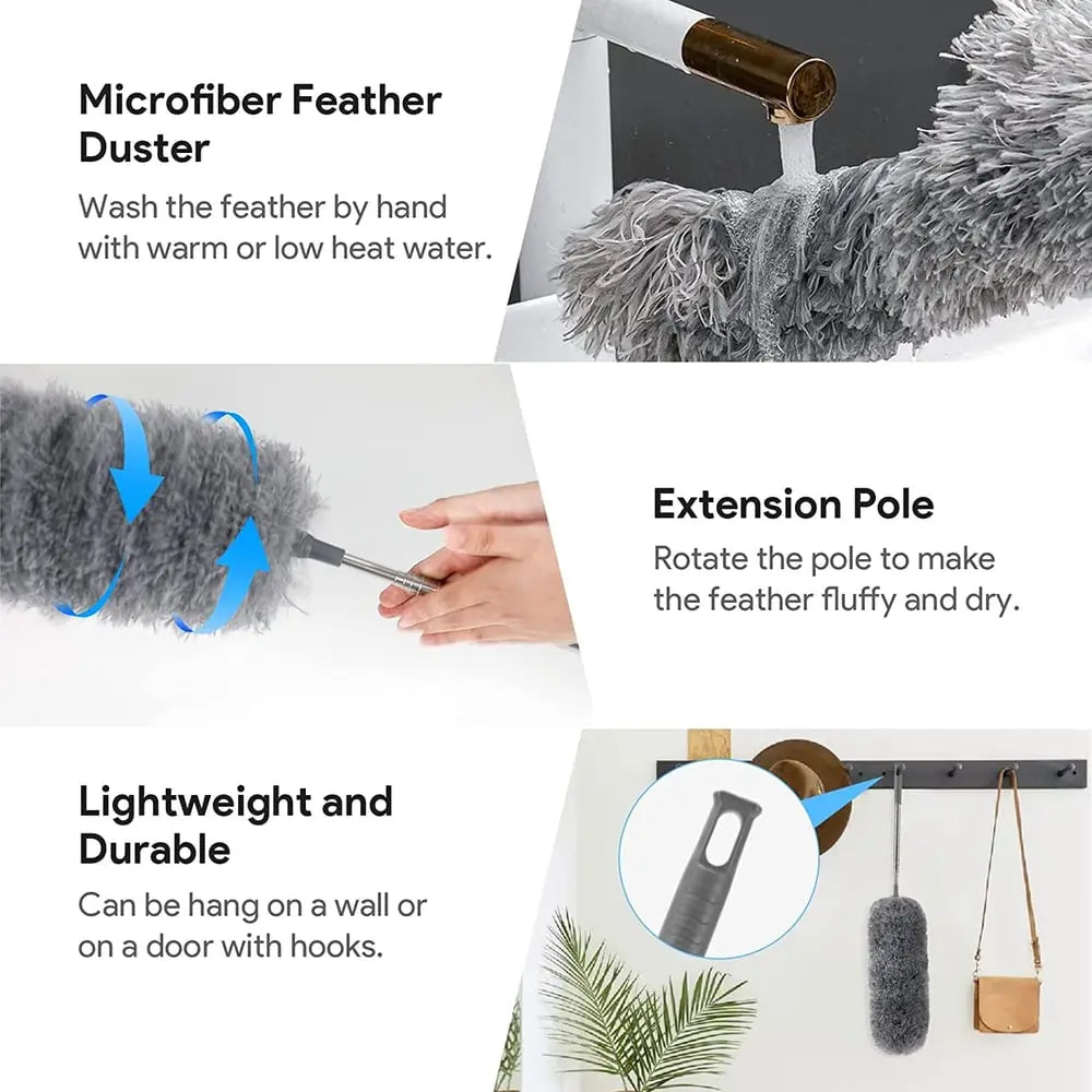 Noxord | Telescopic dust duster with extra long microfiber head (Free 3 replacement cleaning heads)