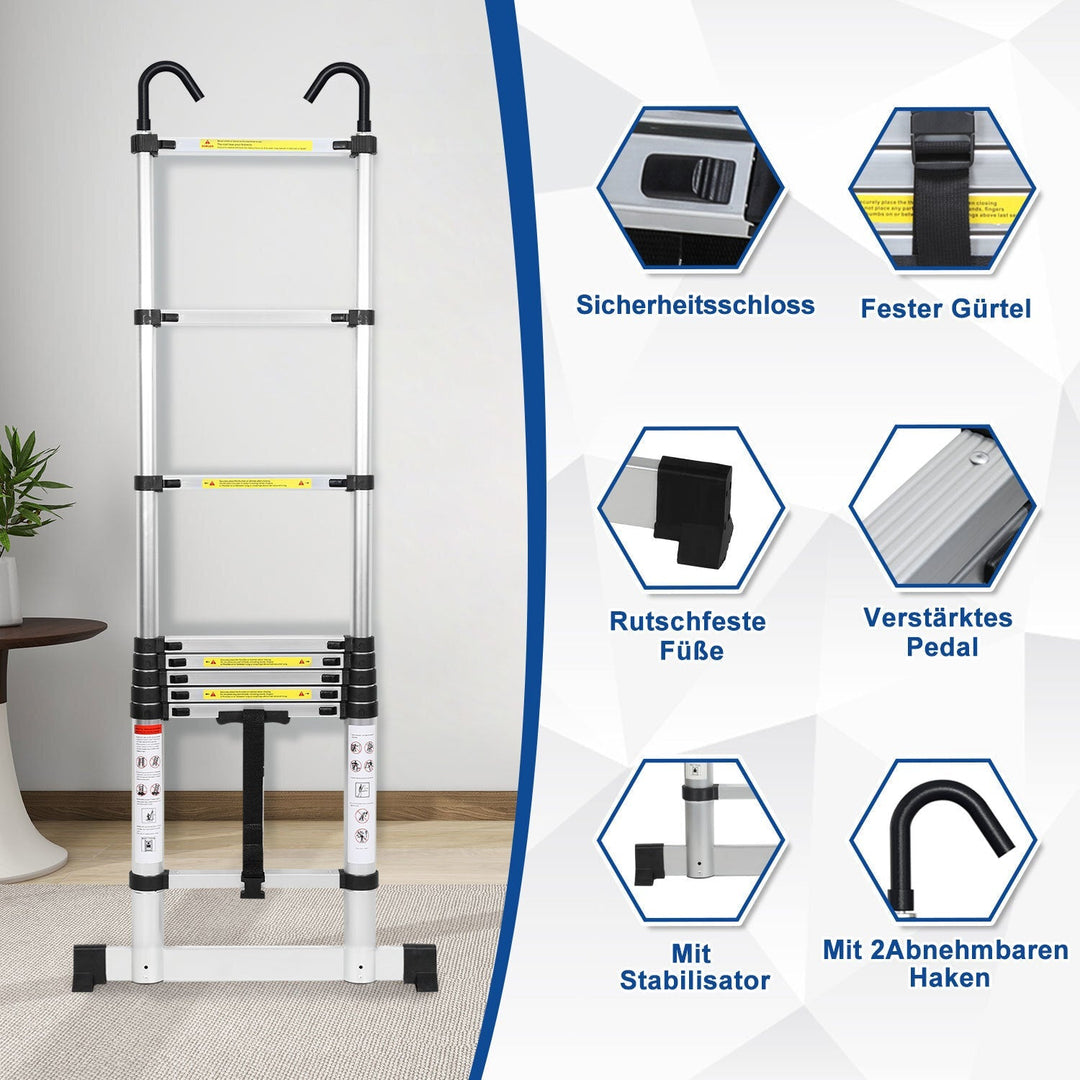 Telescopic ladder with 2 removable hooks with stabilizer | Kalsten