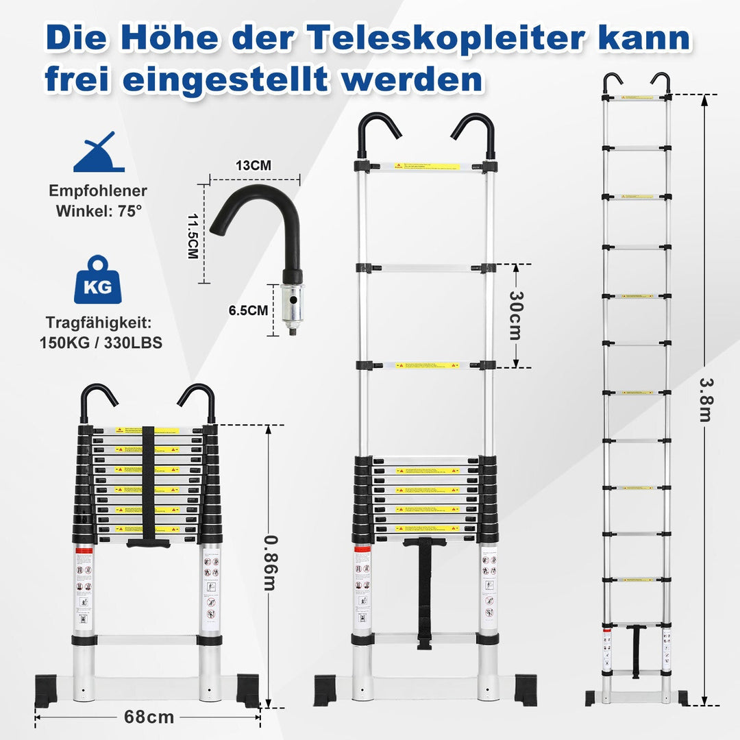 Telescopic ladder with 2 removable hooks with stabilizer | Kalsten