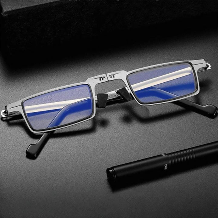 Kalsten | Titanium Reading Glasses with Blue Light Protection – Foldable and Lightweight, Silver, Round/Square