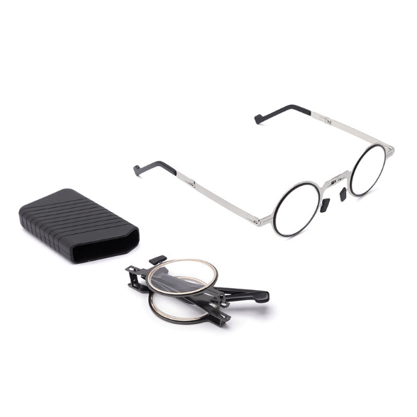 Kalsten | Titanium Reading Glasses with Blue Light Protection – Foldable and Lightweight, Silver, Round/Square