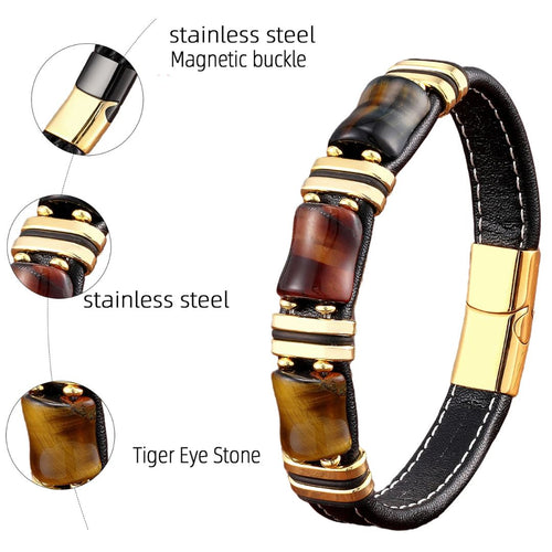 Men’s Leather Bracelet with Tiger Eye Beads Noxord