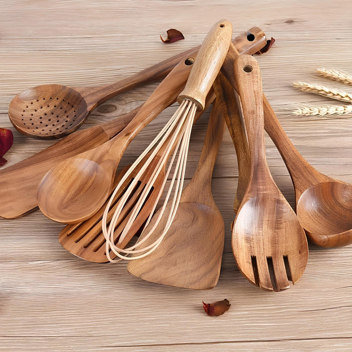 11-Piece Teak Wood Kitchen Utensil Set with Holder