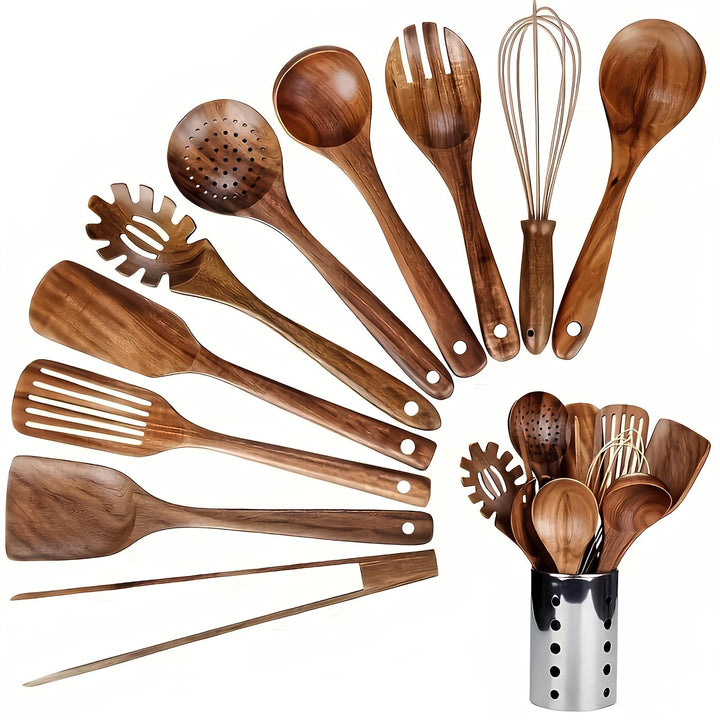 11-Piece Teak Wood Kitchen Utensil Set with Holder