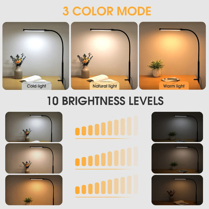 LED Desk Lamp with Lamp, eye-friendly Clip-On Lights for the Home Office, 3 Modes 10 Brightness Levels, long flexible Gooseneck, Metal, Swing Arm Architect Task Desk Lamps with USB Adapter, White | Kalsten