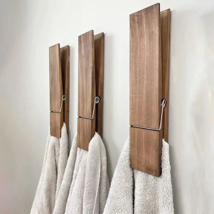 Wall-Mounted Towel Clips – No Drill, Strong Adhesive, Wooden Design