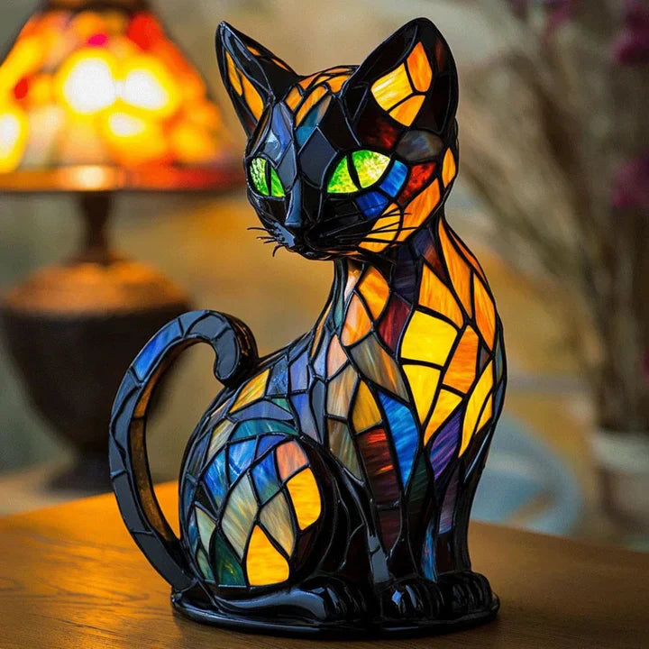 Stained glass cat-shaped table lamp with LED lighting – 30-36 cm | Kalsten