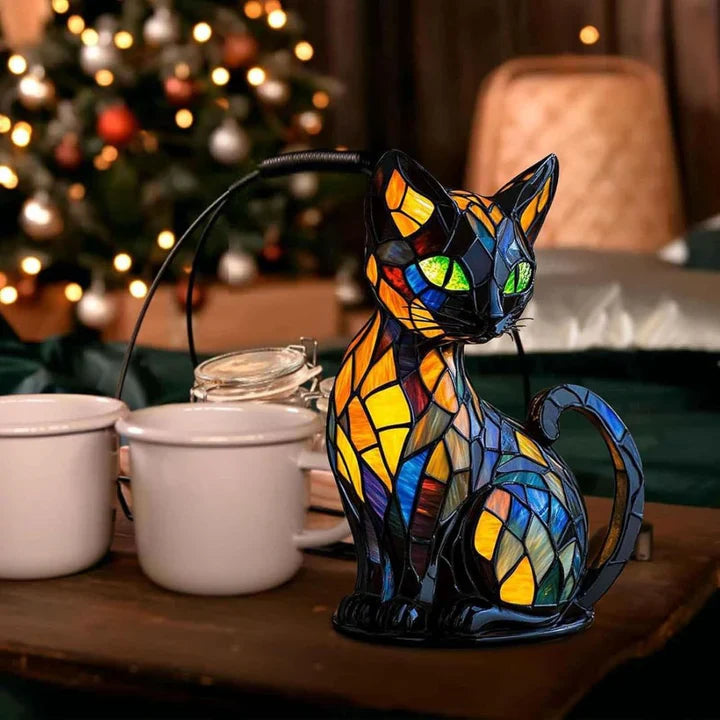 Stained glass cat-shaped table lamp with LED lighting – 30-36 cm | Kalsten