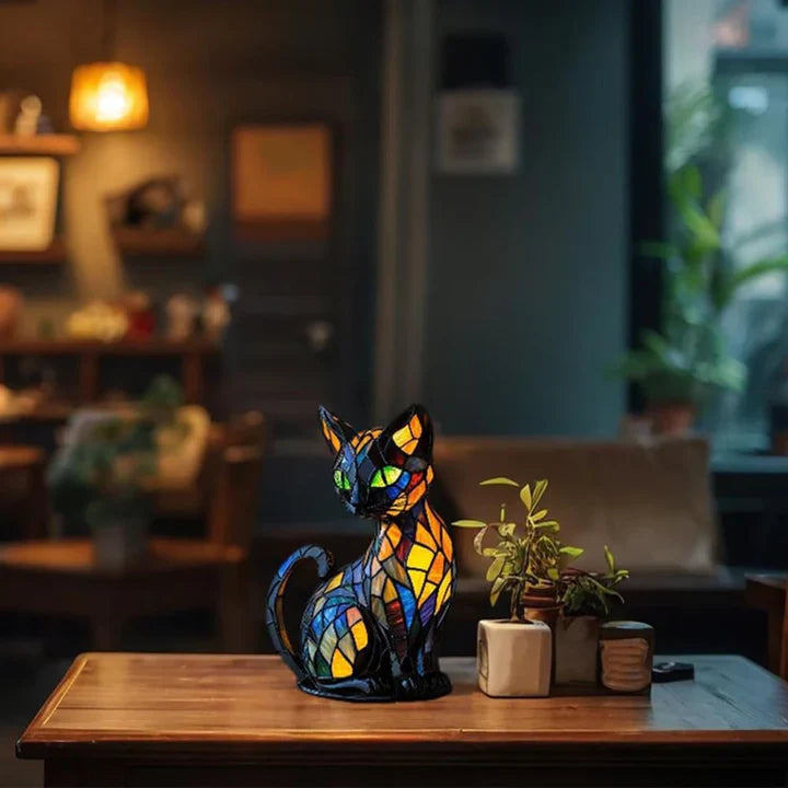 Stained glass cat-shaped table lamp with LED lighting – 30-36 cm | Kalsten
