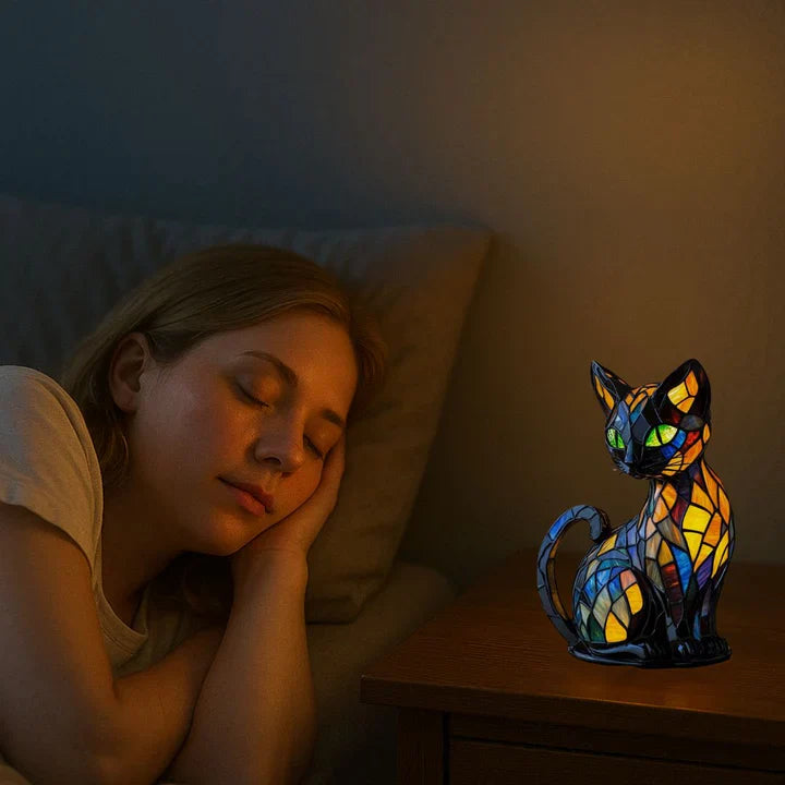 Stained glass cat-shaped table lamp with LED lighting – 30-36 cm | Kalsten