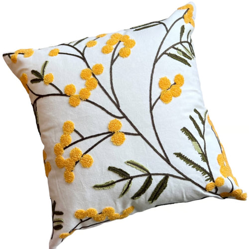 Yellow Bloom Leaf Embroidery Cushion Cover – Soft Microfiber Blend with Hidden Zipper, Machine Washable, 18x18 and 12x20 Compatible