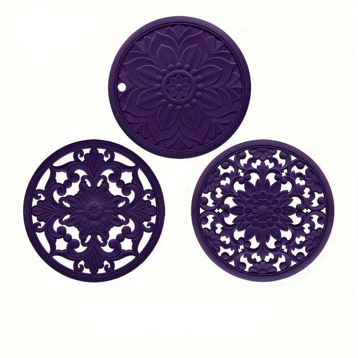 Kalsten | Set of 3 Heat Resistant Silicone Mats with Floral Pattern – Protection up to 230°C, Non-Slip, 16 cm