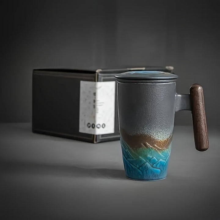 Kalsten | TeaCraft Ceramic Mug | Handmade | With Tea Infuser & Wooden Handle | Retro Design