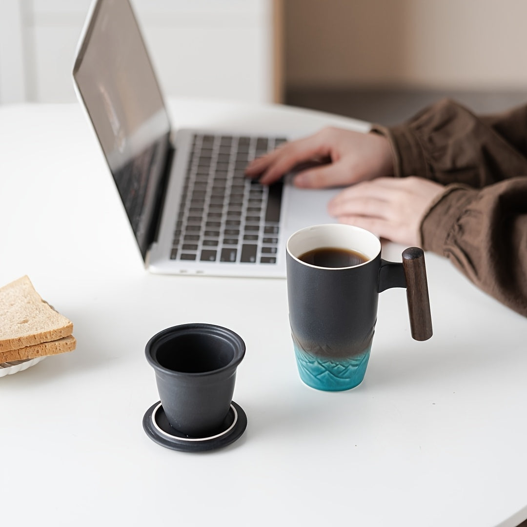 Kalsten | TeaCraft Ceramic Mug | Handmade | With Tea Infuser & Wooden Handle | Retro Design