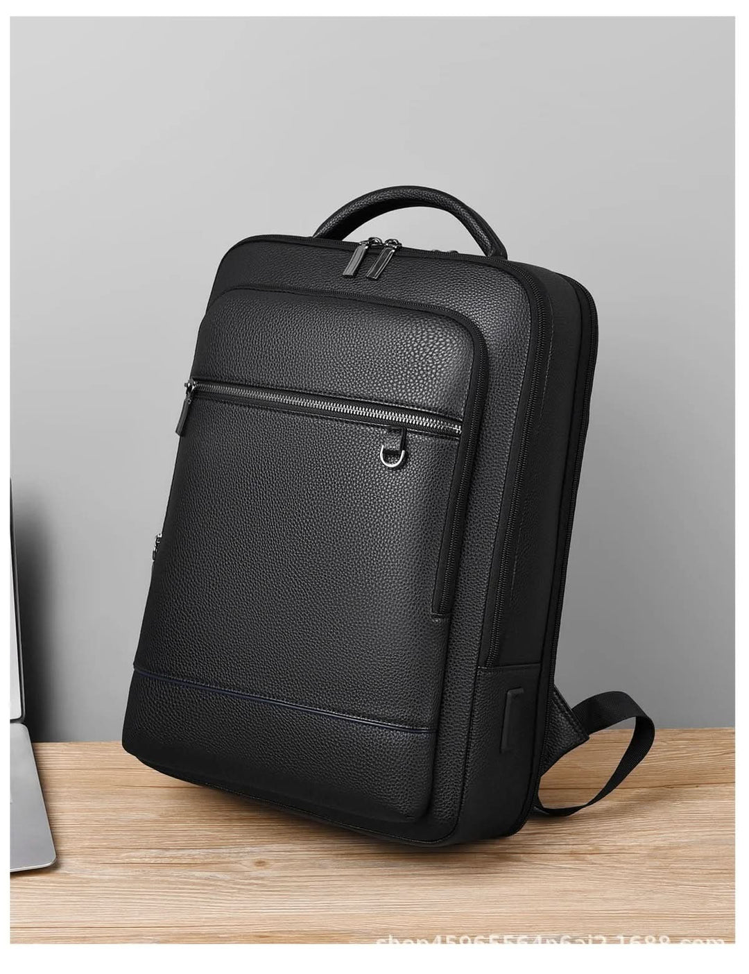 Kalsten | Elegant leather rucksack for men/women with USB port for laptop and everyday use, 15.6 inch, black
