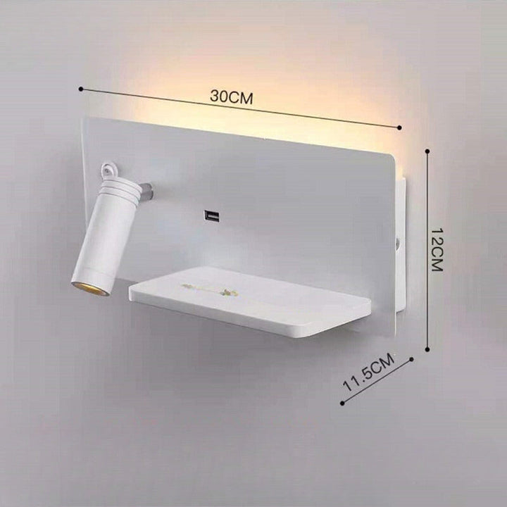 LED Wall Lamp with USB Connection and Shelf for Bedroom or Office