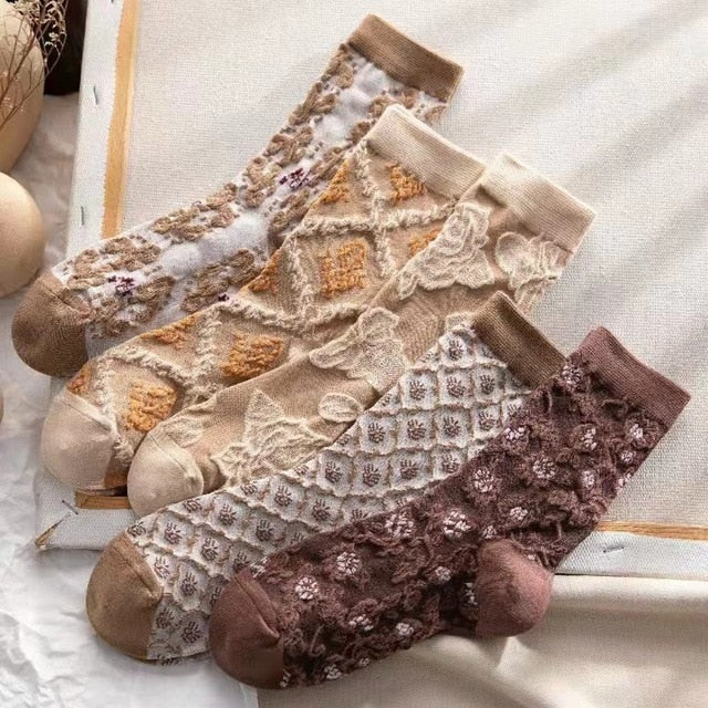 Kalsten | 5 Pair Vintage Flower Embroidery Socks