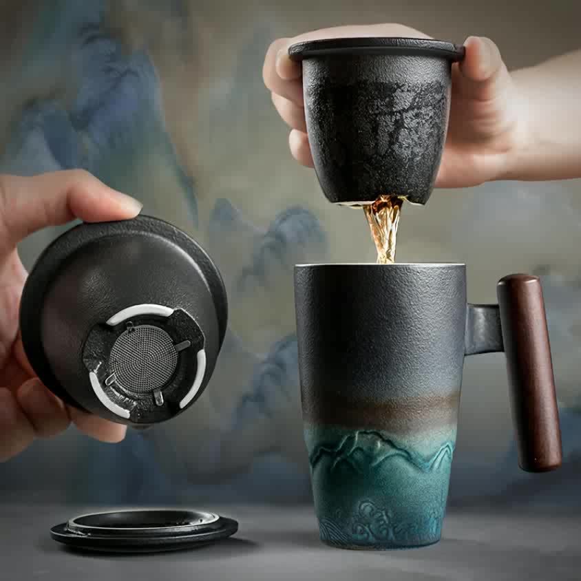Kalsten | TeaCraft Ceramic Mug | Handmade | With Tea Infuser & Wooden Handle | Retro Design