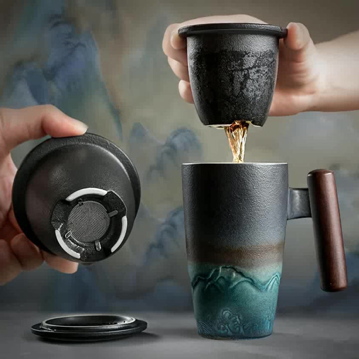 Kalsten | TeaCraft Ceramic Mug | Handmade | With Tea Infuser & Wooden Handle | Retro Design
