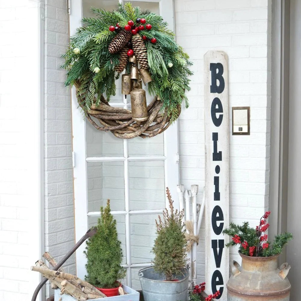 Kalsten | Christmas Wreath | Boho Style | Rustic Vine Base with Pinecones & Golden Bells