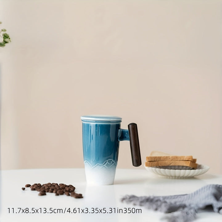 Kalsten | TeaCraft Ceramic Mug | Handmade | With Tea Infuser & Wooden Handle | Retro Design