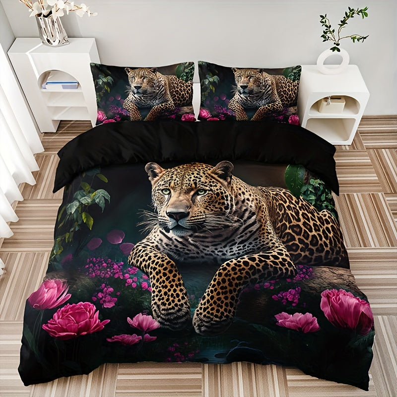 Luxurious Animal Print Bedding Set with Rose Pattern - 3-piece Noxord