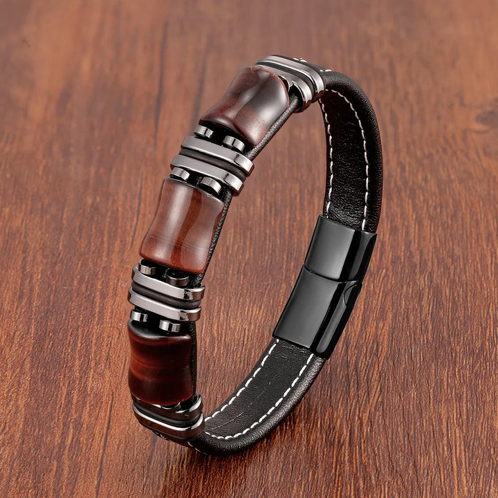 Men’s Leather Bracelet with Tiger Eye Beads Noxord