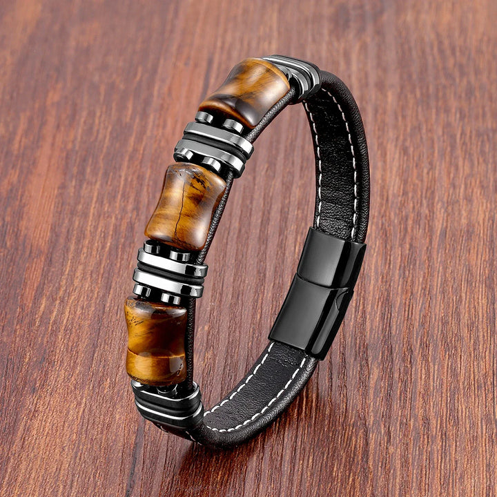 Men’s Leather Bracelet with Tiger Eye Beads Noxord
