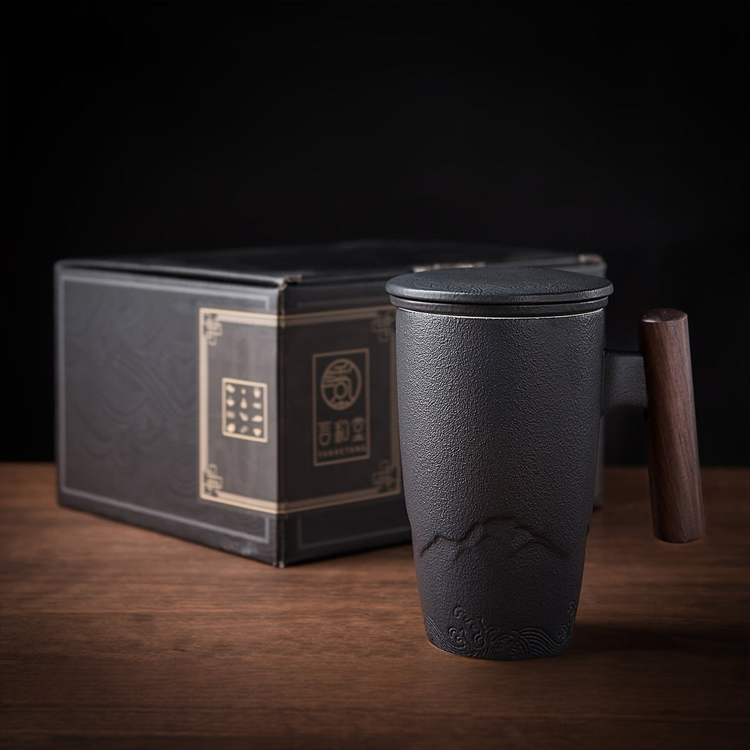 Kalsten | TeaCraft Ceramic Mug | Handmade | With Tea Infuser & Wooden Handle | Retro Design