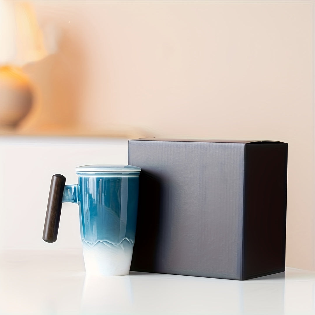 Kalsten | TeaCraft Ceramic Mug | Handmade | With Tea Infuser & Wooden Handle | Retro Design