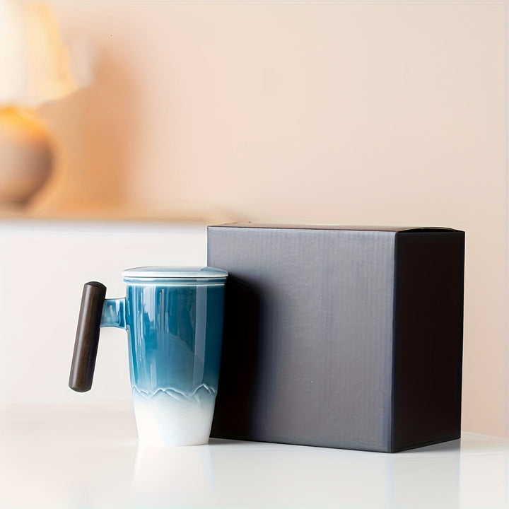 Kalsten | TeaCraft Ceramic Mug | Handmade | With Tea Infuser & Wooden Handle | Retro Design