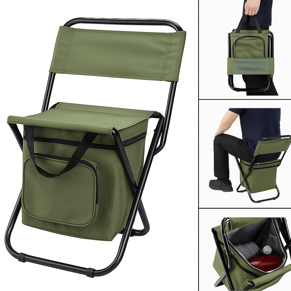 Folding Camping Chair with Backrest and Cooler Bag – Green | Kalsten
