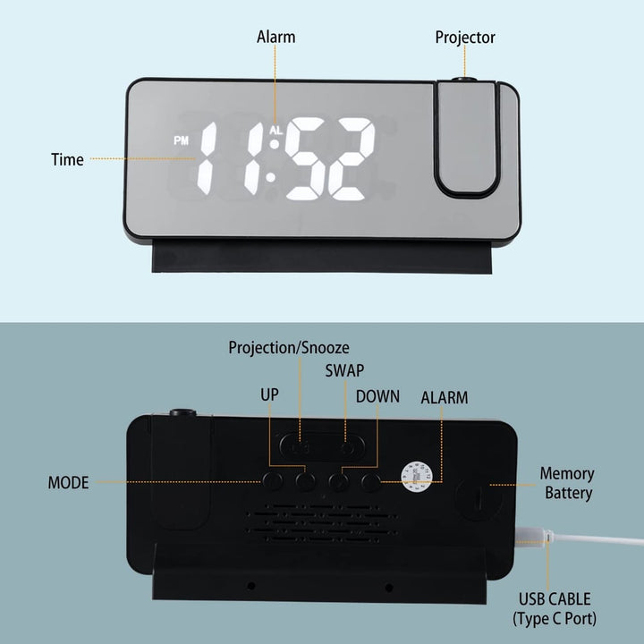 Kalsten | Projection Alarm Clock | LED Display with Mirror Surface | Dual Alarms & Temperature | 19cm