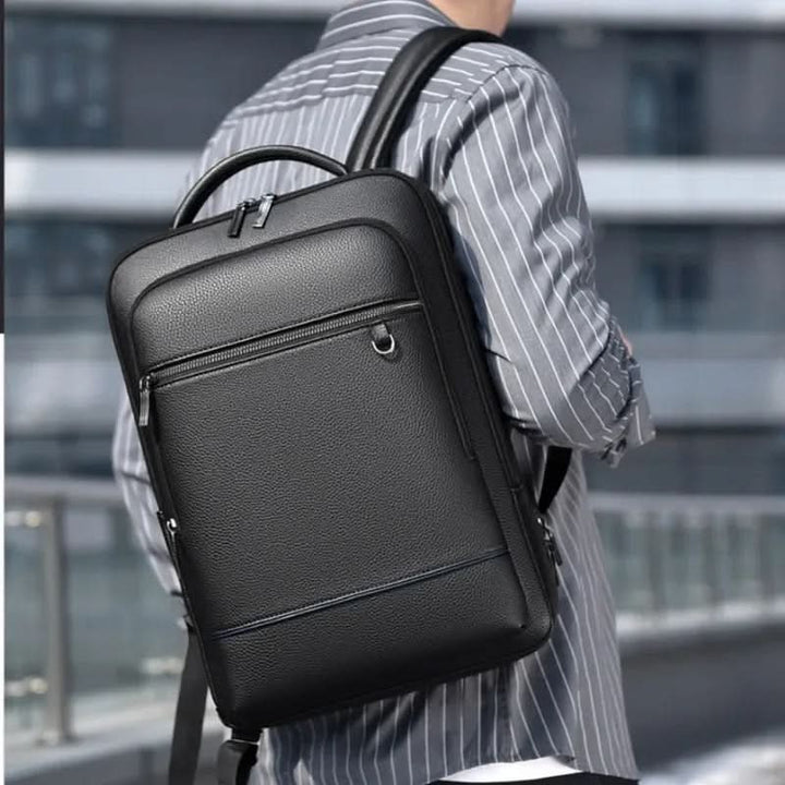 Kalsten | Elegant leather rucksack for men/women with USB port for laptop and everyday use, 15.6 inch, black